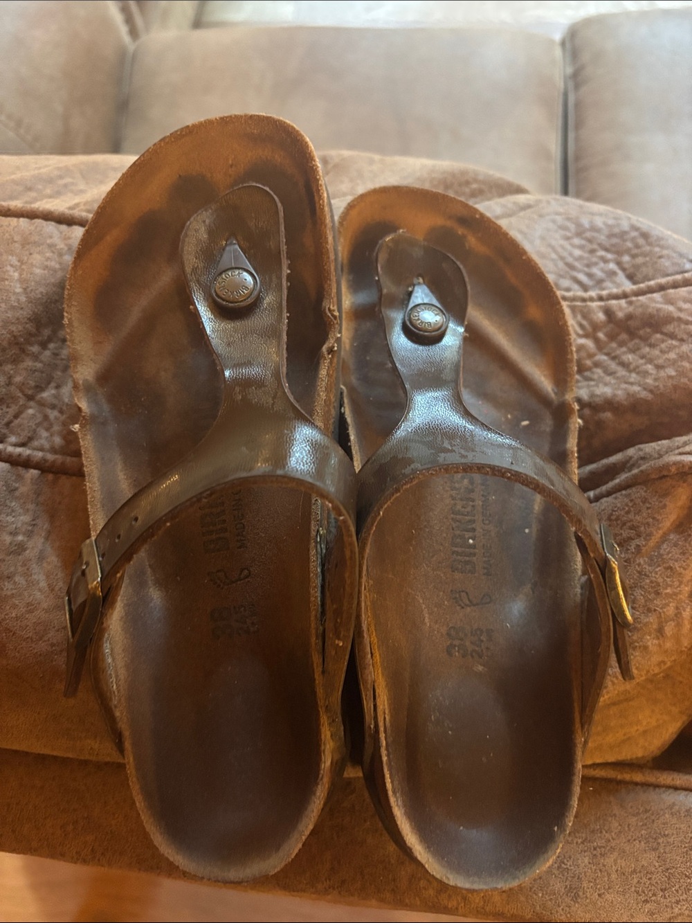 Birkenstock Brown Leather Thong Sandals with Buckle